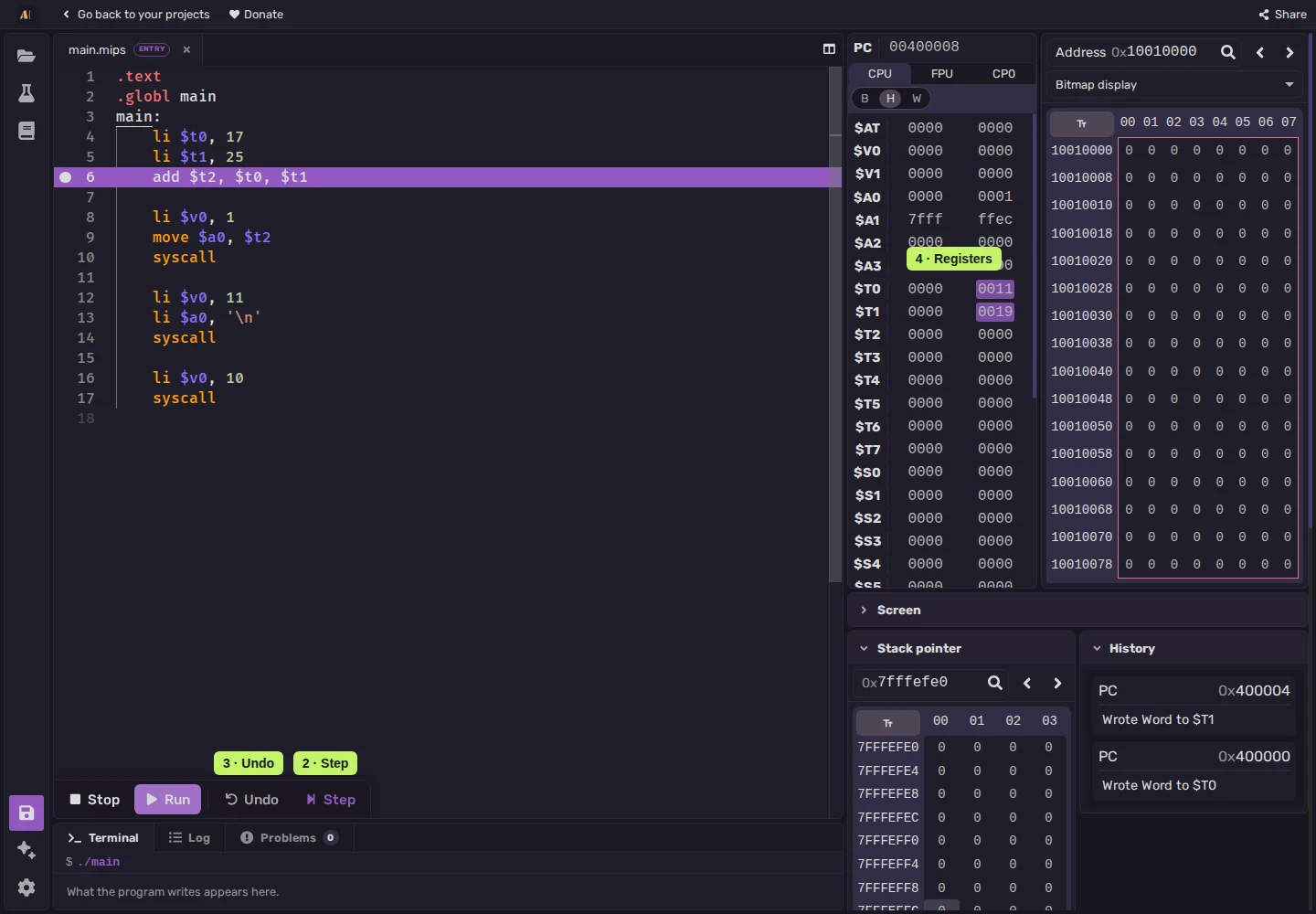 A breakpoint pauses the program before the addition, so the two input registers can be inspected.